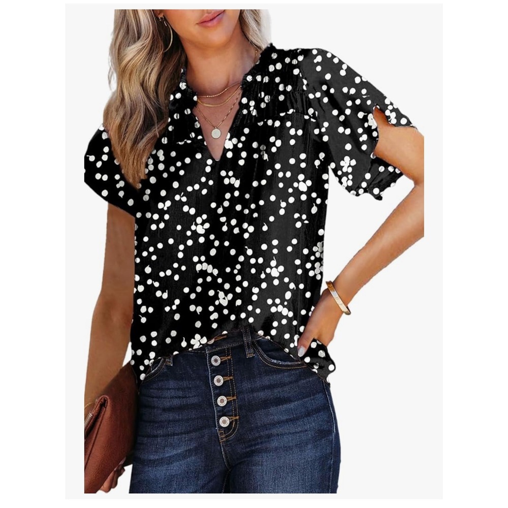 Dokotoo Women's S Black White Polka Dot Ruffle Sleeve V Neck Blouse Shirt Top